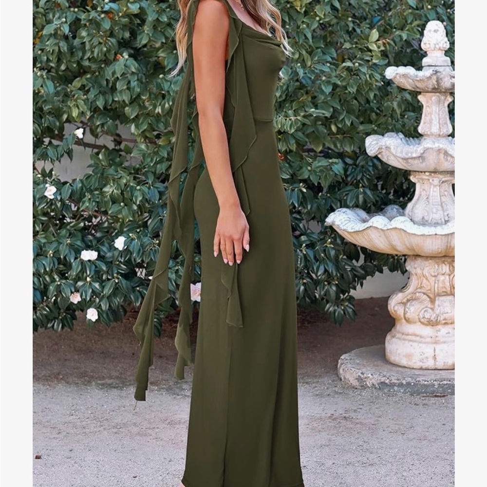 Elegant Olive Green Ruffle Dress - Picture 5 of 6